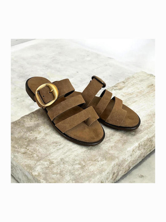 Leather Women's Flat Sandals Brown