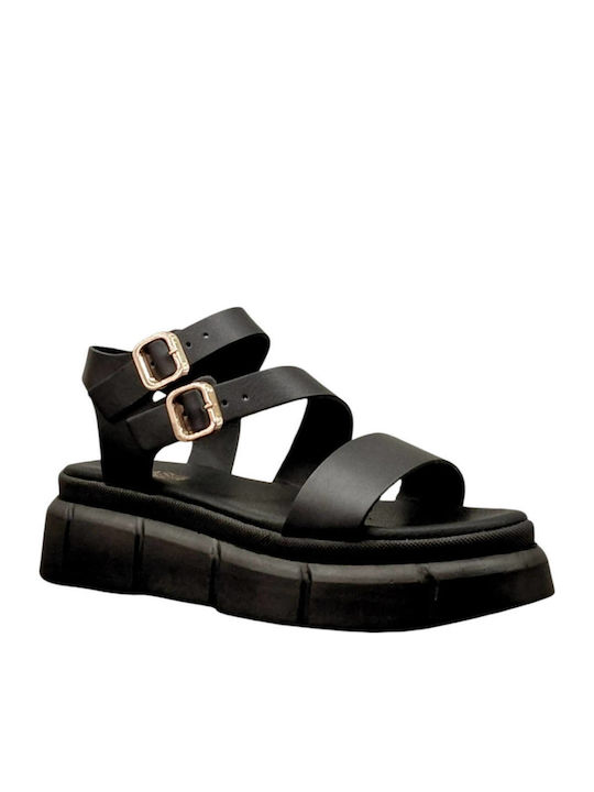 Δερμάτινα Γυναικεία Σανδάλια Flatforms Μαύρα