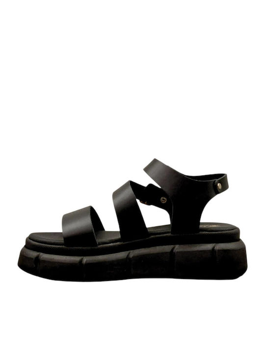 Δερμάτινα Γυναικεία Σανδάλια Flatforms Μαύρα