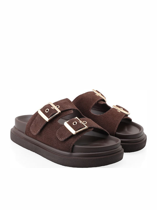 Δερμάτινα Γυναικεία Σανδάλια Flatforms Καφέ