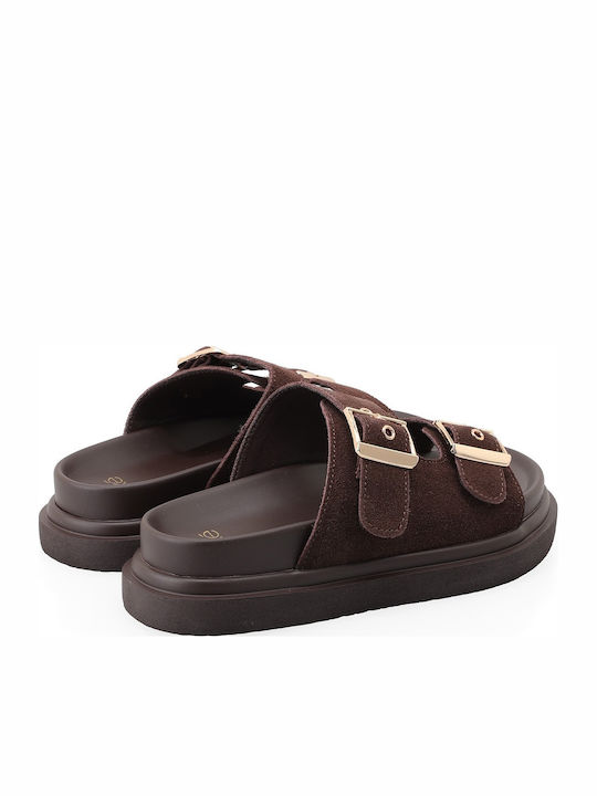 Δερμάτινα Γυναικεία Σανδάλια Flatforms Καφέ
