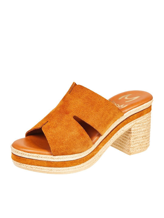 Leather Mules with Heel in Tabac Brown Color