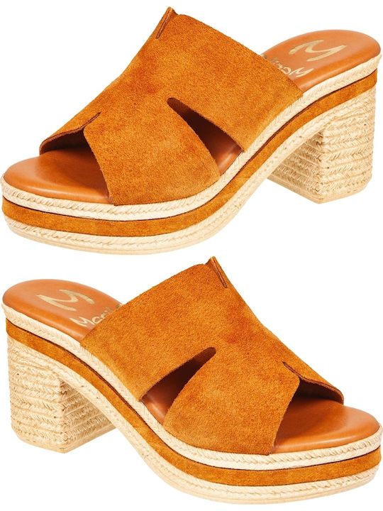 Leather Mules with Heel in Tabac Brown Color