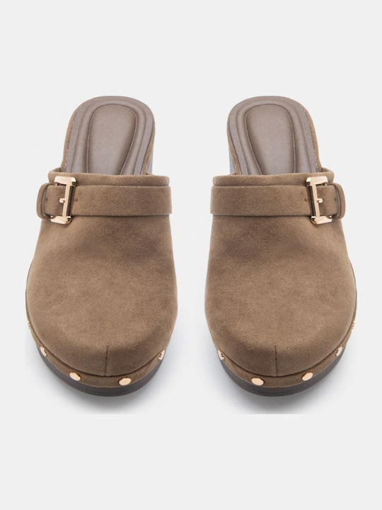 Suede Mules With High Heel In Khaki Colour