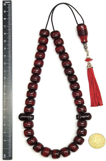 Roloi Komboloi Worry Beads with 33 Beads Made of Mastic Length 37cm Red