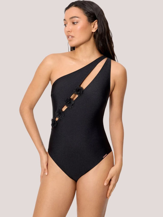 Ysabel Mora Damen Badeanzug Ein Stück Mit Polsterung Eine Schulter Schwarz Glänzend Öffnungen Vorne Black One Piece 83172
