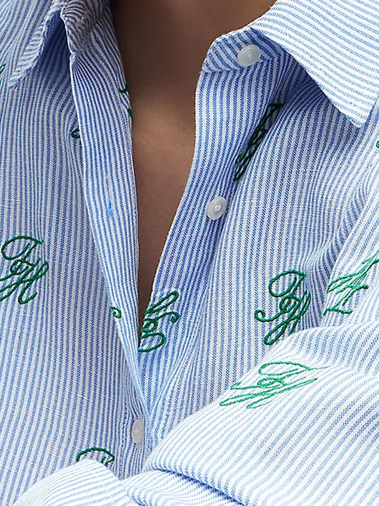 Long Sleeve Women's Linen Shirt White-Green-Light Blue
