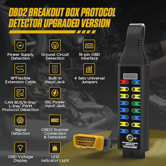 Detector Protocol Auto Cutie Deconectare 16-Pini Obd2 Afișaj Tensiune În Timp Real Cablu 17.7 Inch Diagnostic Led Compatibil Multimetru Osciloscop Obdii Instrument Testare Diagnostic Auto