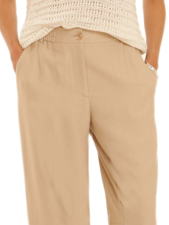 Women's High Rise Fabric Trousers with Rubber Band in Tapered Leg Style Beige