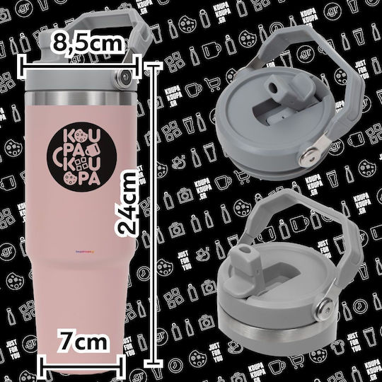 Koupakoupa Spiderman Upside Down Handled Thermos Stainless Steel 890ml Pink with Straw and Handle