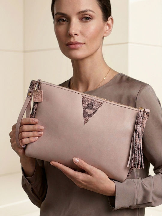 Alfa Mi Women's Leather Envelope Dusty Pink Snake Print Details