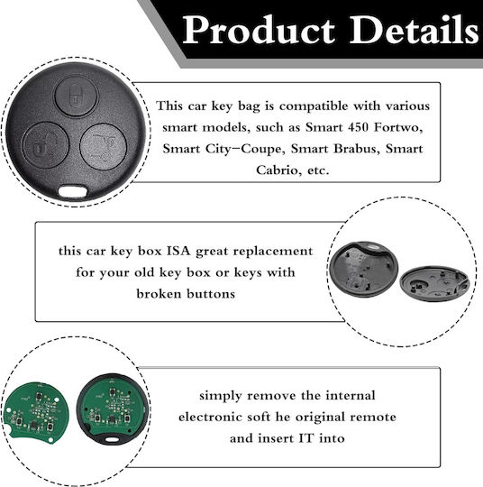 Techstar Remote Key Case Compatible Smart Fortwo 450 City-coupe Cabrio Roadster Forfour 3 Buttons Black