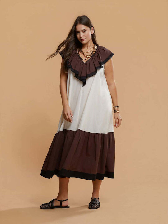 Rochii De Vară Pentru Femei Midi Rochie Drapat Cu Volane Ecru 8501.7144.R.NETTO-off-white-brown