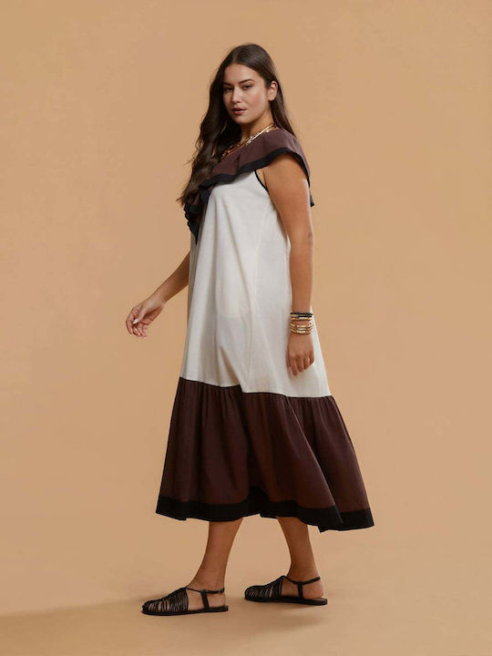 Rochii De Vară Pentru Femei Midi Rochie Drapat Cu Volane Ecru 8501.7144.R.NETTO-off-white-brown