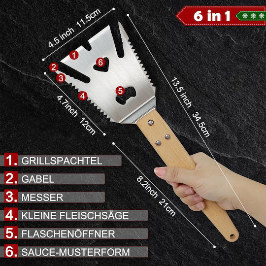 Spatulă Multifuncțională 6-în-1 Pentru Grătar Din Oțel Inoxidabil Cu Mâner Din Lemn