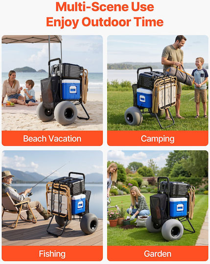 Vevor Beach Dolly Big Wheels Sand 460 X 375 Mm Cargo Deck Folding Sand Cart 320 Mm Balloon Wheels 75 Kg Load Capacity 855-1150 Mm Adjustable Height Heavy Duty Cart Beach Camping