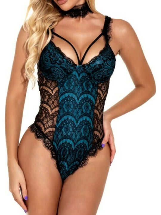 La Lolita Amsterdam Sexy Bodysuit with Lace Lace Bodysuit with Tulle in the Center & Slides on the Side Petrol