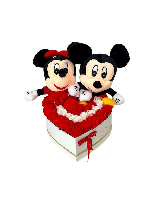Aranjament Floral Mickey Minnie Mouse 29 Trandafiri Săpun În Cutie Albă În Formă De Inimă 29x35 Cm