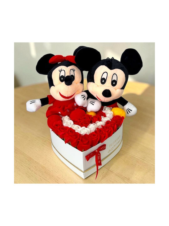 Aranjament Floral Mickey Minnie Mouse 29 Trandafiri Săpun În Cutie Albă În Formă De Inimă 29x35 Cm