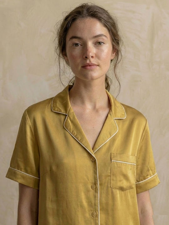Seidige Satin-Pyjamas 'Yvonne' in Staubgold-Senf