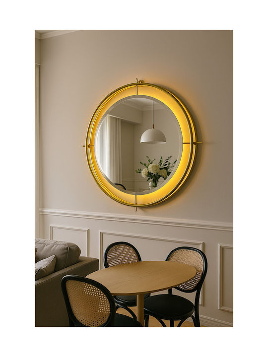 SteweHome Oglindă de Perete cu Ramă Metalică Galbenă și Iluminare LED Diametru 65cm