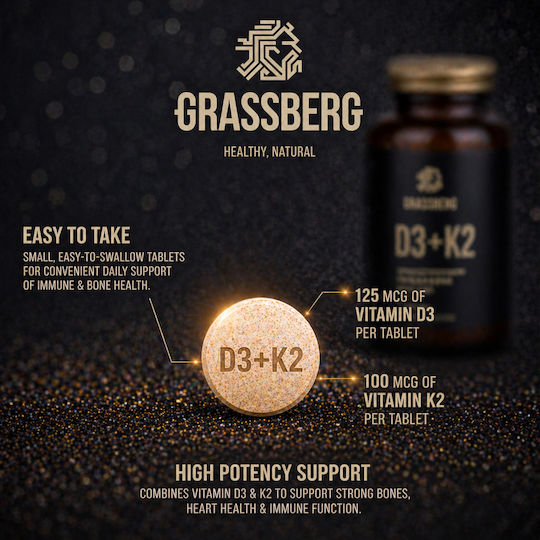 Grassberg Vitamin D3 + K2 Витамин за Здравето на костите 60 Таблетки