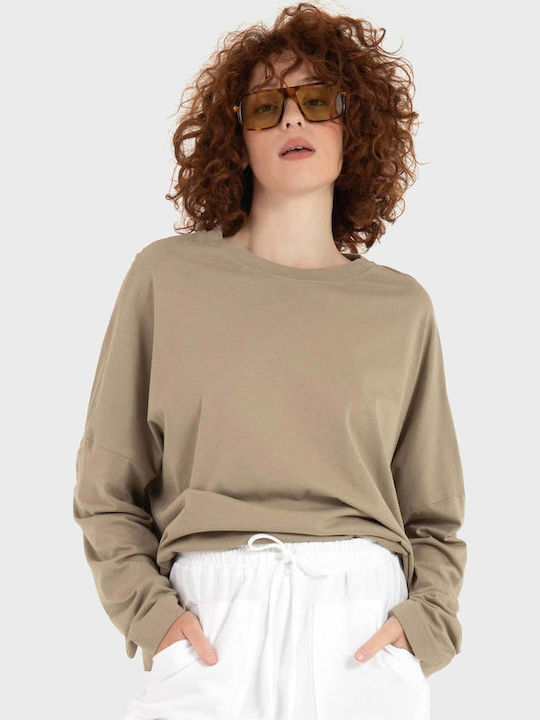Γυναικεία Μπλούζα Βαμβακερή Μακρυμάνικη Beige