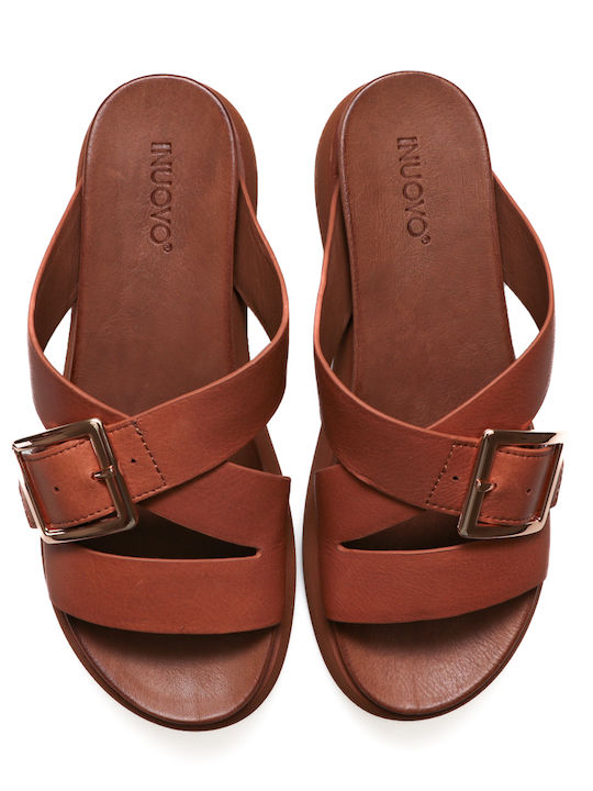 Кожени Дамски Сандали Flatforms Тютюнев