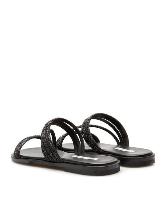 Leder Flache Sandalen Für Damen Schwarz