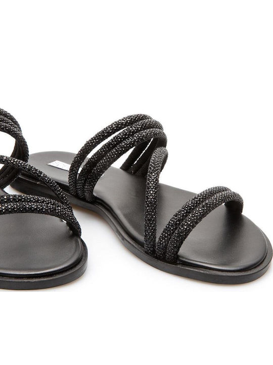Leder Flache Sandalen Für Damen Schwarz