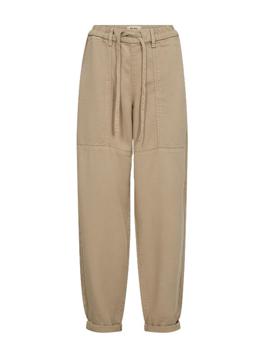 Women's Fabric Trousers with Rubber Band in Straight Line Beige
