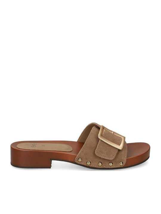 Suede Mules με Χαμηλό Τακούνι σε Μπεζ Χρώμα