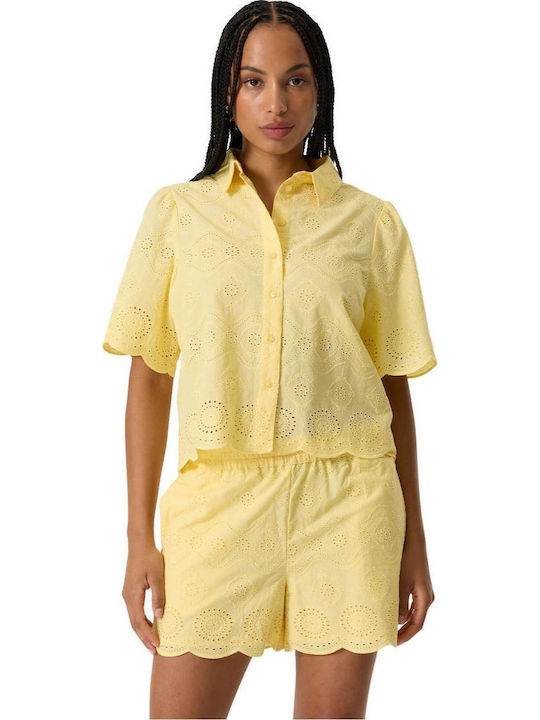 Short Sleeve Women's Linen Shirt Yellow