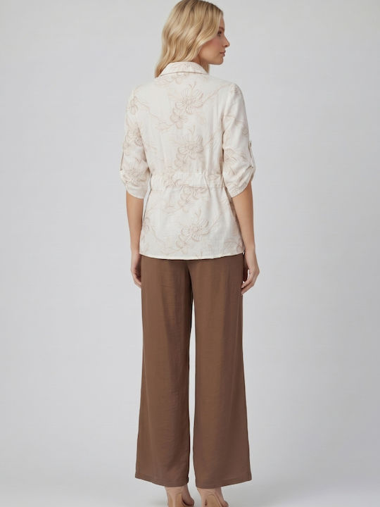 Langärmeliges Damenhemd Beige Blumen