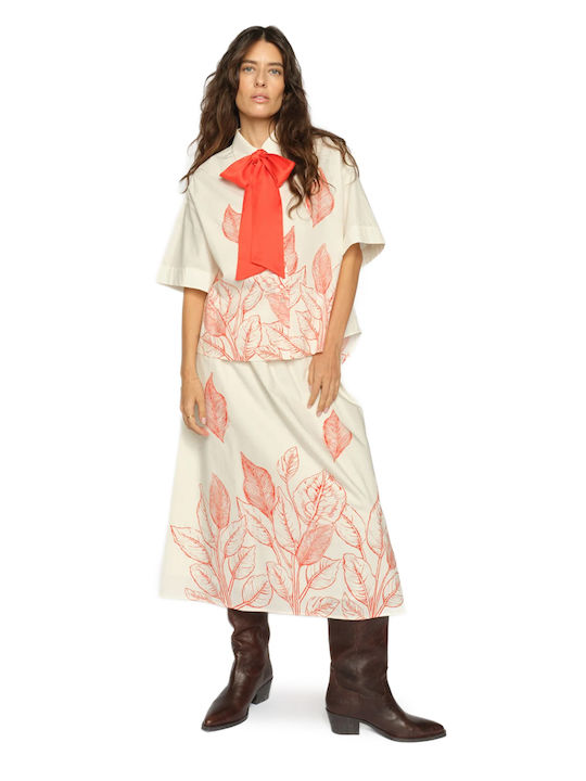 Short Sleeve Women's Denim Shirt Ecru-Red Floral