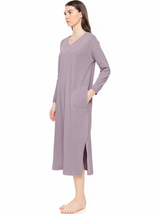 Pink Label Χειμερινό Βαμβακερό Γυναικείο Νυχτικό Violete