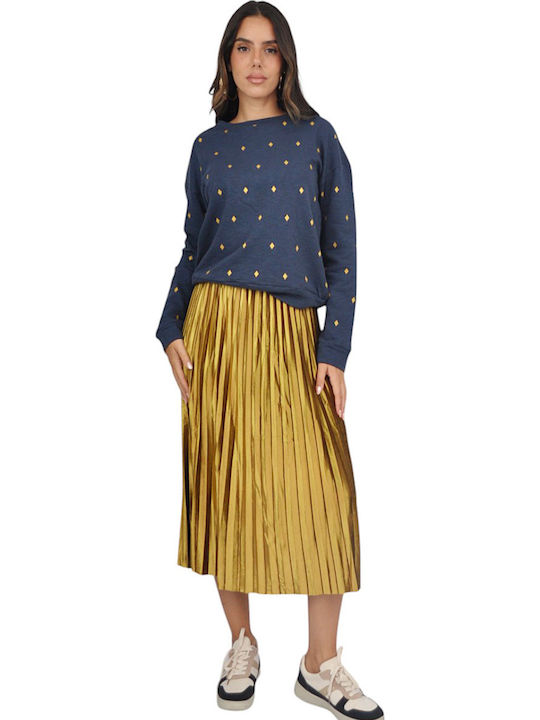 Pleated High Waist Midi Skirt Gold
