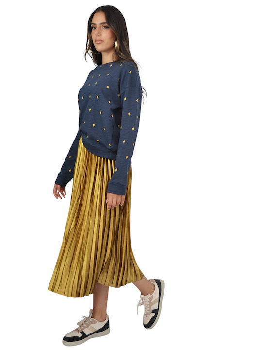 Pleated High Waist Midi Skirt Gold