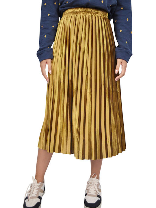 Pleated High Waist Midi Skirt Gold