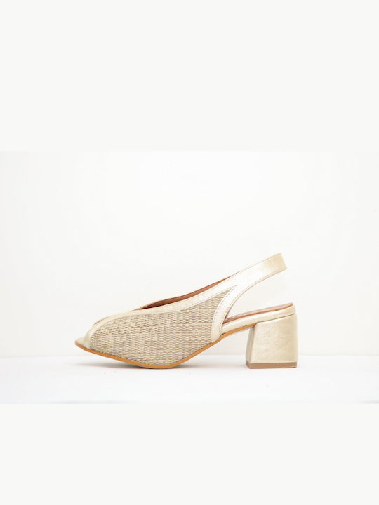 Leder Peep Toe Pumps mit Mittelhohem Goldfarbenen Absatz