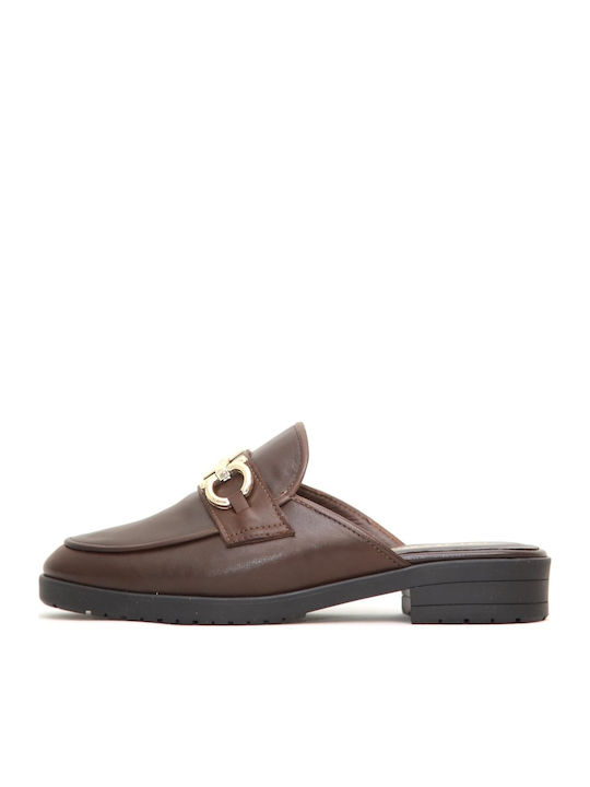 Flat Leather Mules In Brown Colour