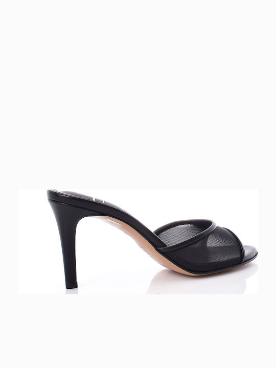 Leather Mules with Thin High Heel in Black Colour