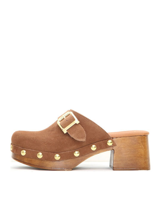 Leather Mules With Low Heel In Brown Colour