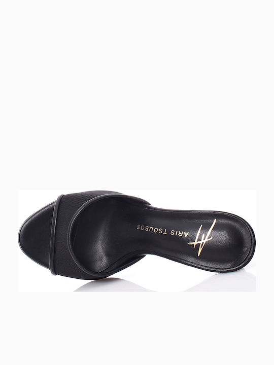 Leather Mules with Thin High Heel in Black Colour