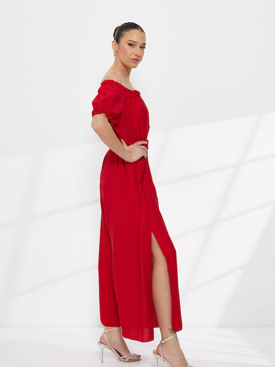 Дамски Off-Shoulder Едноделен Комбинезон Червен