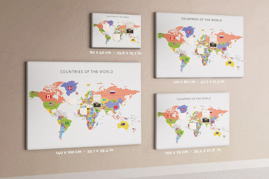 Modern Cork Notice Board Canvas + Multicolored Pins Map of Flags 60x40 Cm