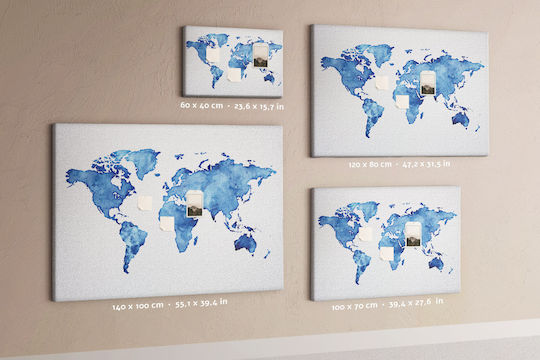 Cork Board Canvas Office World Map Watercolors 60x40 Cm