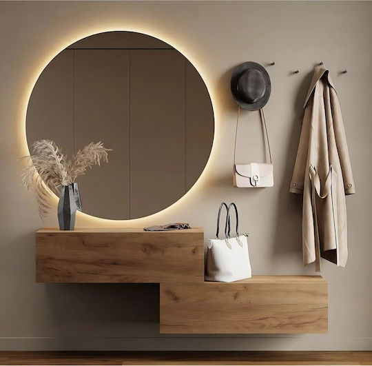 SteweHome Огледало За Стена С Кафява Рамка И LED Осветление С Диаметър 45см