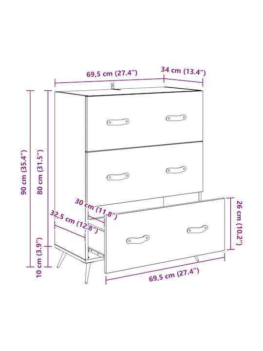 Sideboard aus Holz & Metall mit Schubladen Schwarze Eiche 69.5x34x90cm