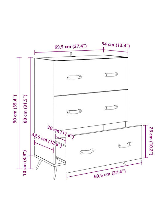 vidaXL Sideboard aus Holz & Metall mit Schubladen Eiche 69,5x34x90cm